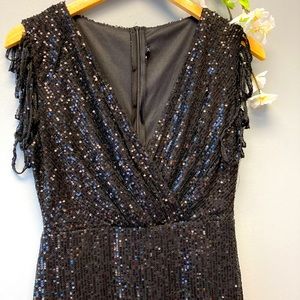 Black Sequin Dress Midi Zips Lined V-Neck Flapper Party Costume Size:  Med [S]